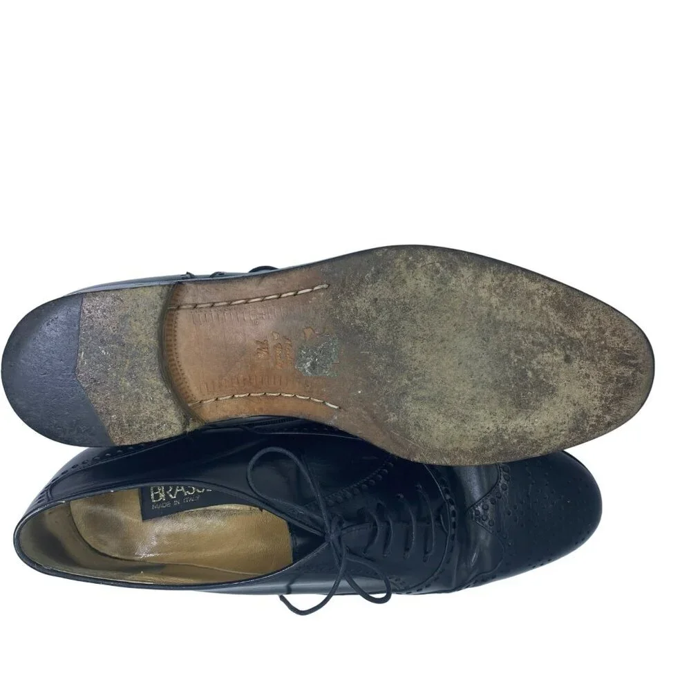 BrassBoot Dress Shoes Mens Size 7.5 Brogue Wingtip Black Oxfords Lace Up - Picture 6 of 8